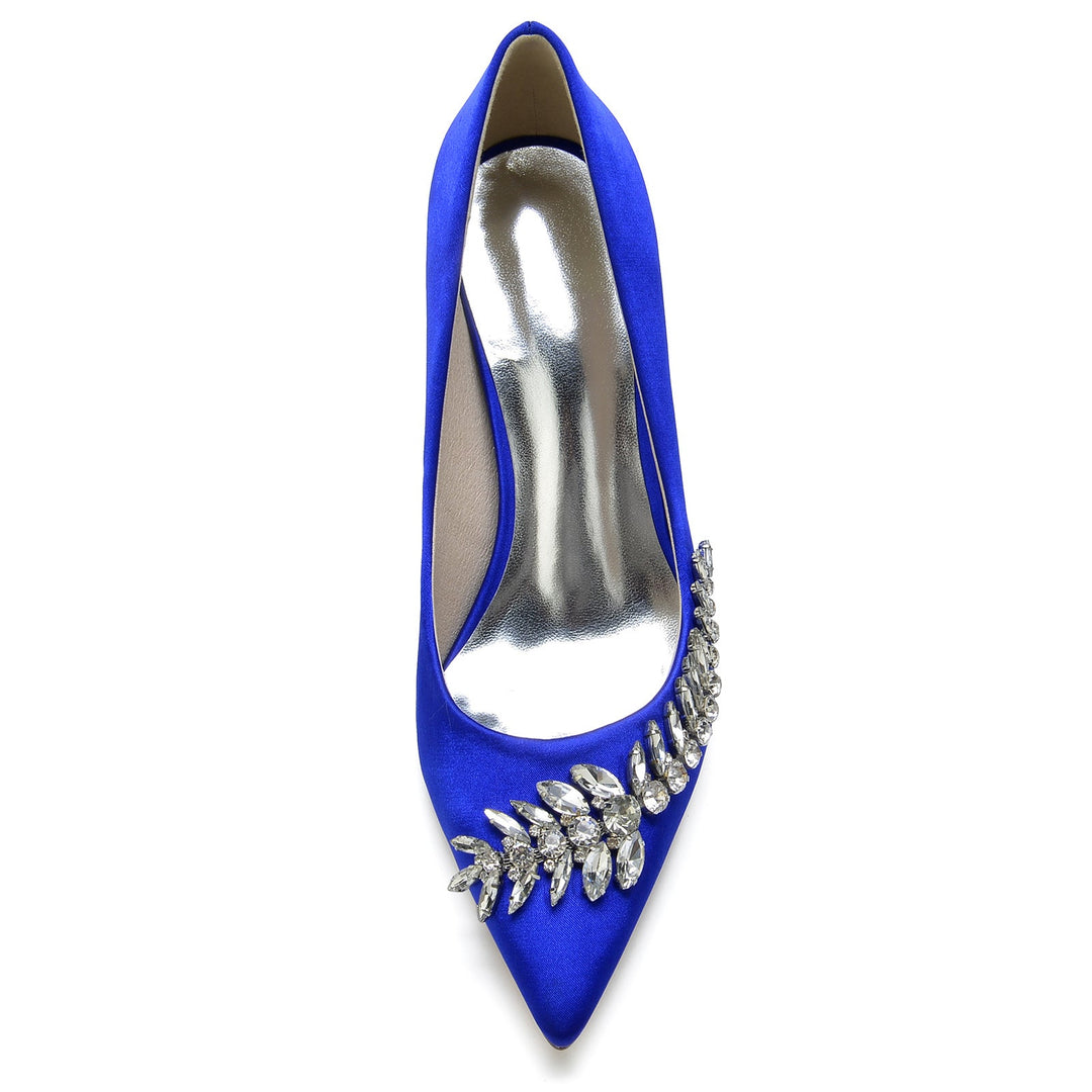 Women's Wedding Shoes Blue Satin Rhinestone Stiletto Pointed Toe Bridal Shoes