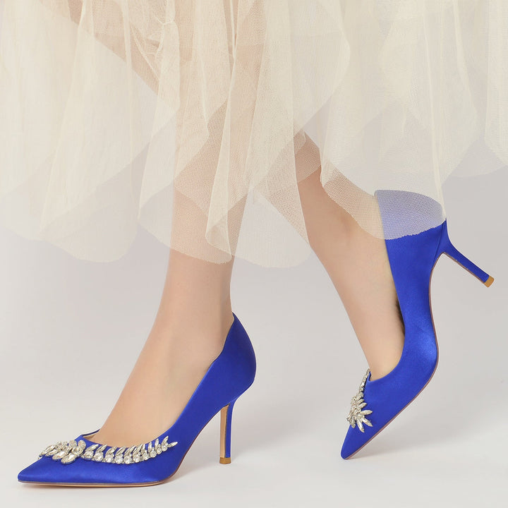 Women's Wedding Shoes Blue Satin Rhinestone Stiletto Pointed Toe Bridal Shoes