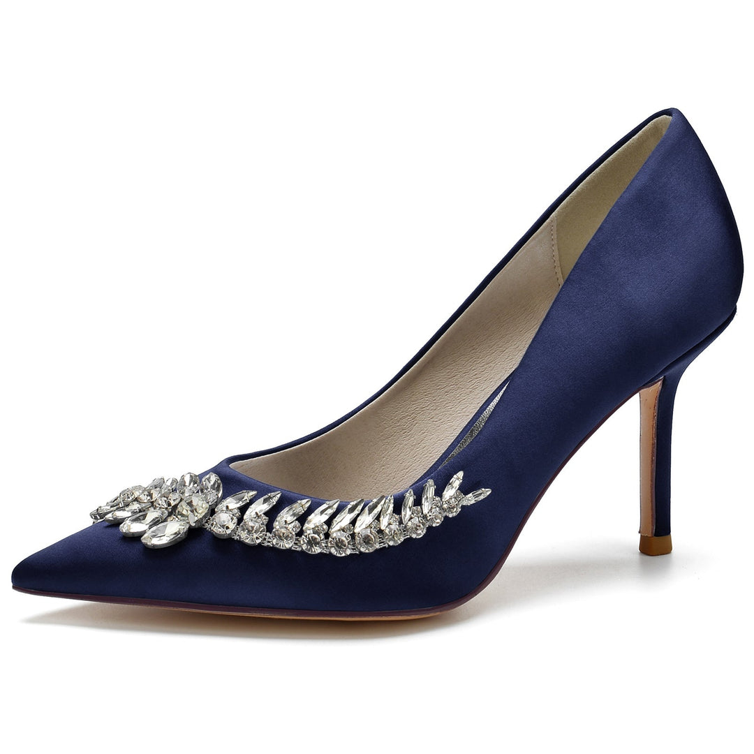 Women's Wedding Shoes Blue Satin Rhinestone Stiletto Pointed Toe Bridal Shoes