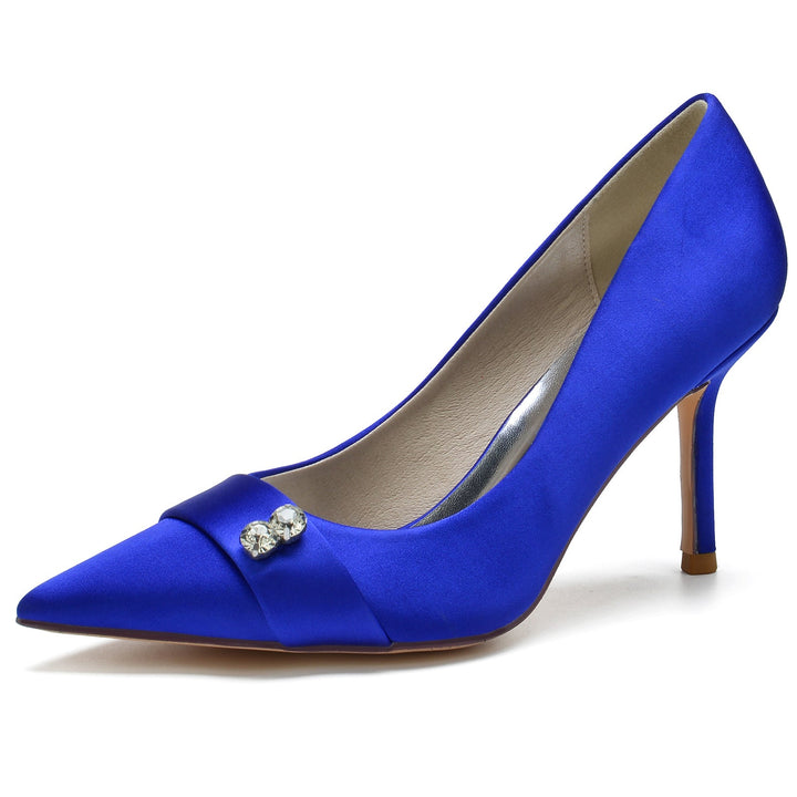 Women's Wedding Shoes Blue Satin Diamond Stiletto Pointed Toe Bridal Shoes