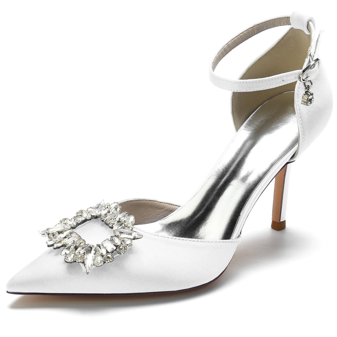 Women's Wedding Shoes Stiletto Pointed Toe Square Crystal Buckle Bridal Shoes