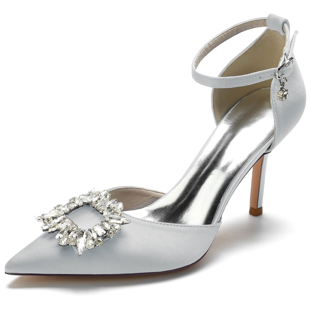 Women's Wedding Shoes Stiletto Pointed Toe Square Crystal Buckle Bridal Shoes