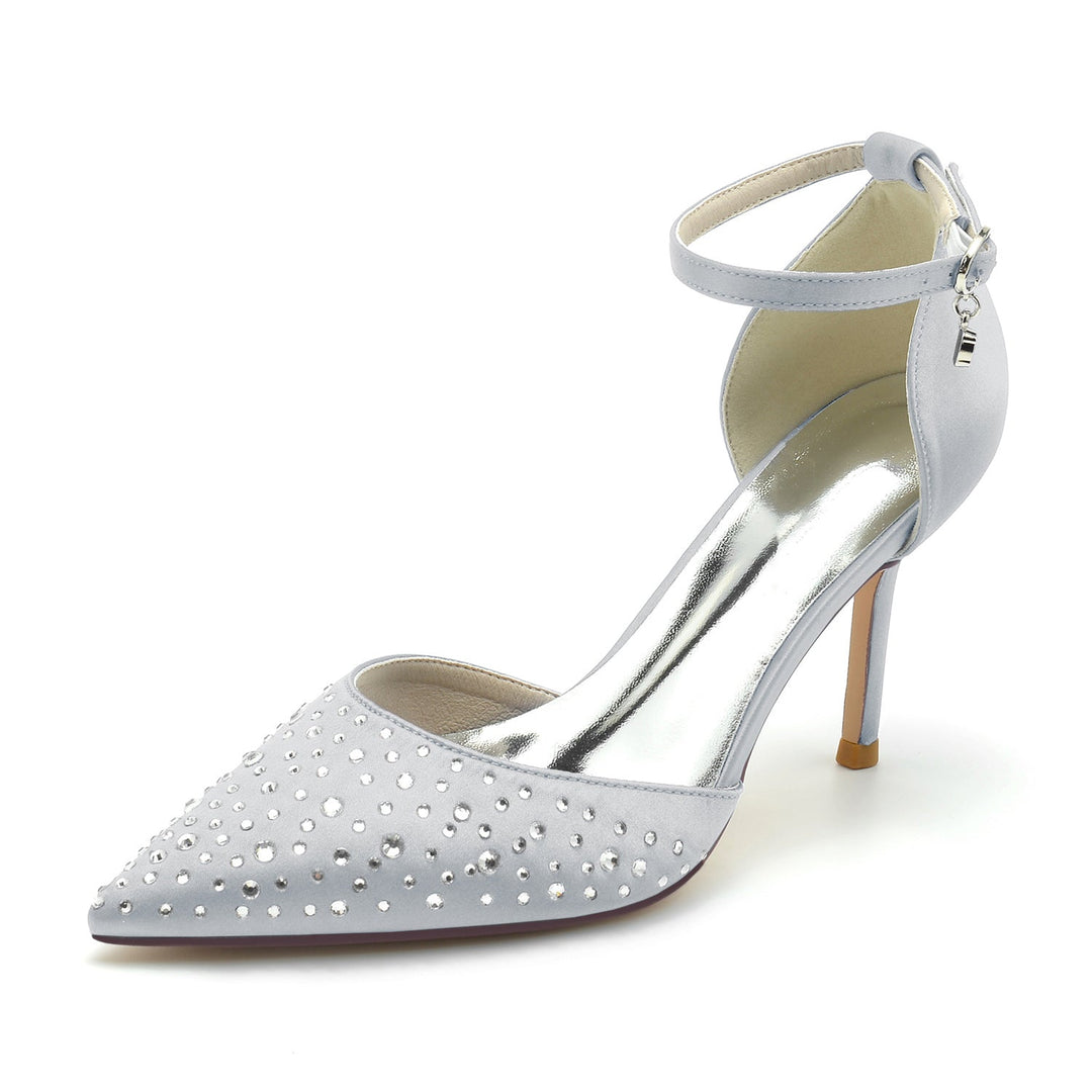 Women's Wedding Mini Crystal Stiletto Pointed Toe Buckle Bridal Shoes