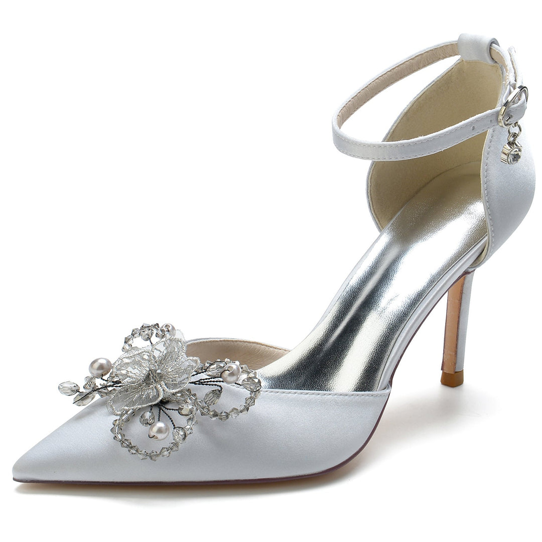 Women's Wedding Shoes Pearl Flower Stiletto Pointed Toe Buckle Bridal Shoes