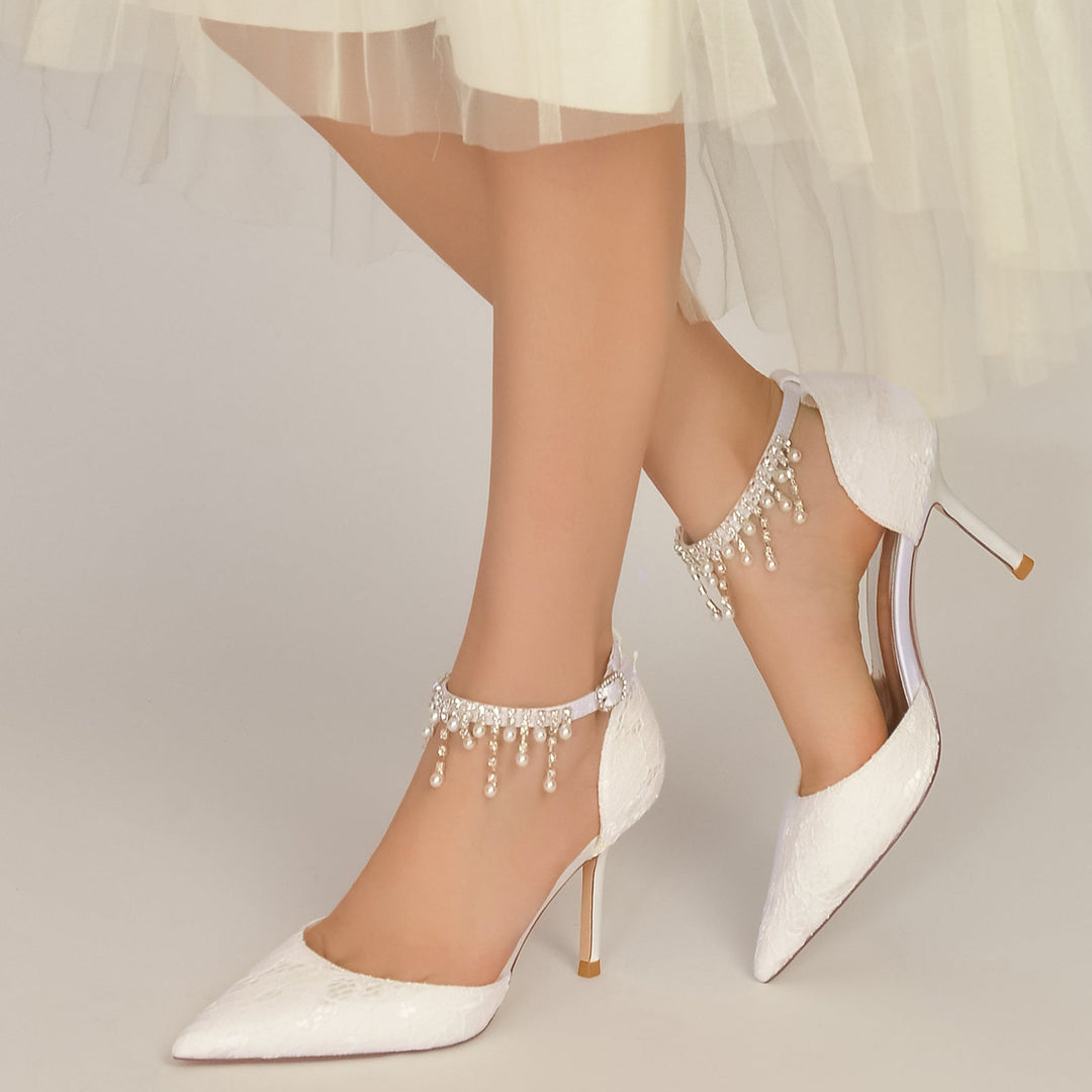 Women's Wedding Shoes Pearl Lace Stiletto Pointed Toe Ankle Strap Bridal Shoes