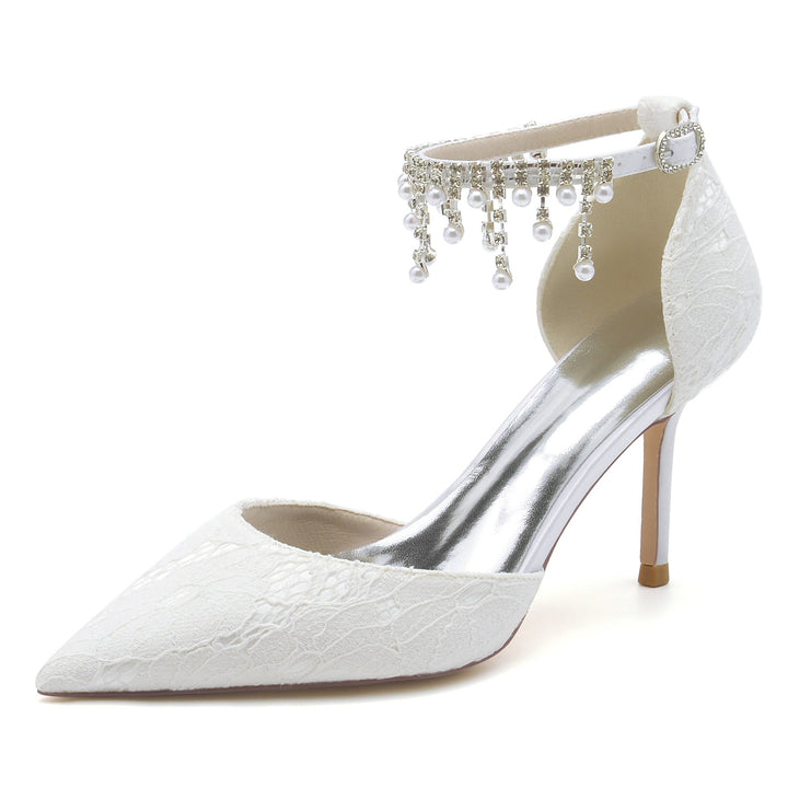 Women's Wedding Shoes Pearl Lace Stiletto Pointed Toe Ankle Strap Bridal Shoes