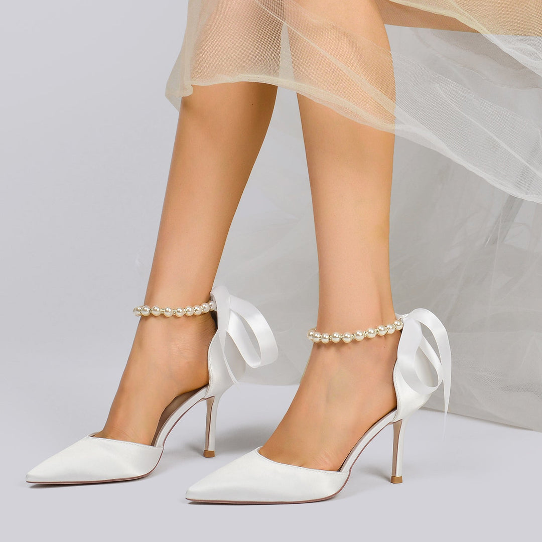 Women's Wedding Shoes Pointed Toe Stiletto Heel Pearl Bow Buckle Bridal Shoes