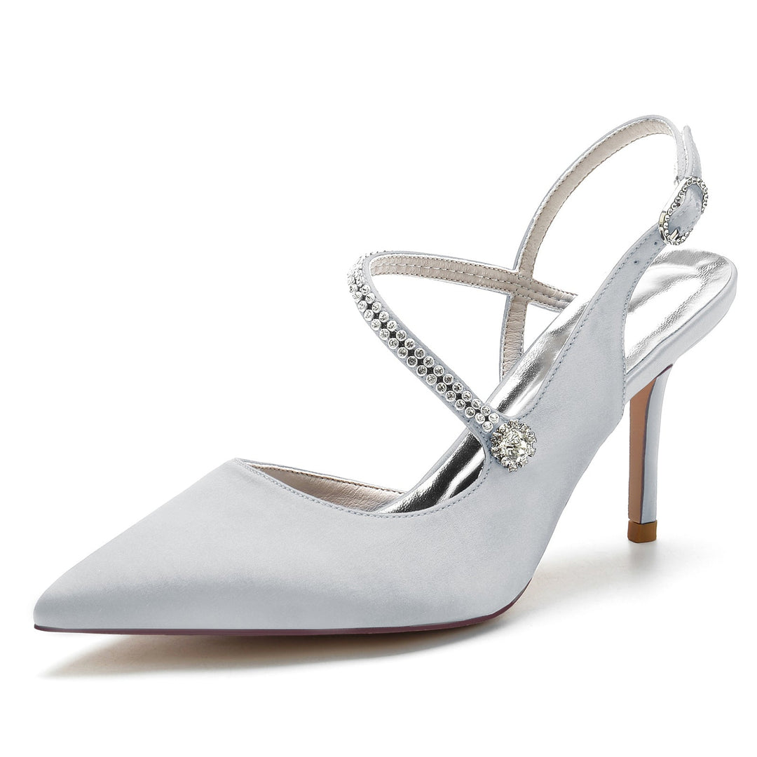 Women's Wedding Shoes Satin Crystal Stiletto Pointed Toe Buckle Bridal Shoes