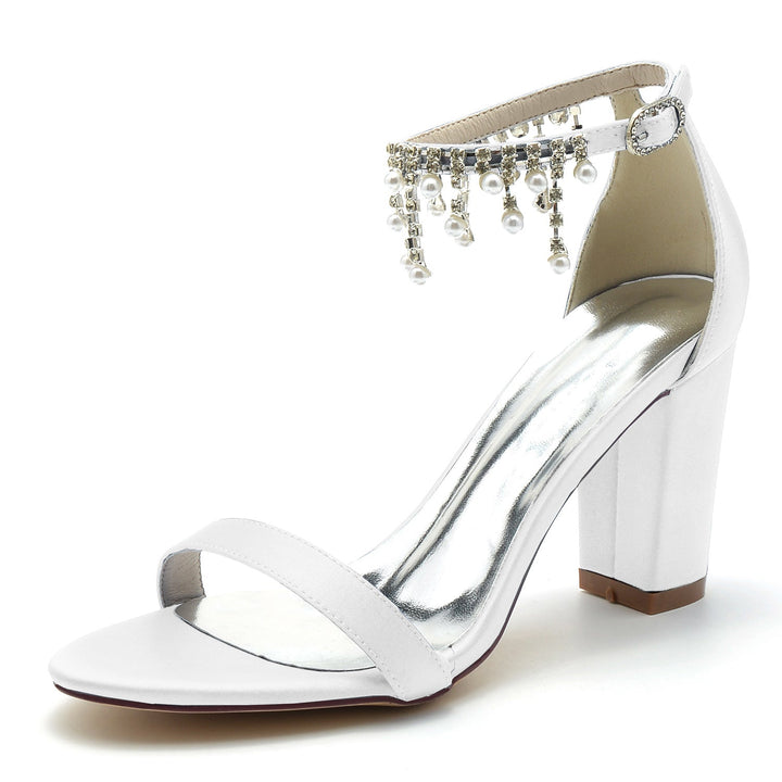 Women's Wedding Shoes Peep Toe Chunky Heel Rhinestone Ankle Strap Bridal Shoes