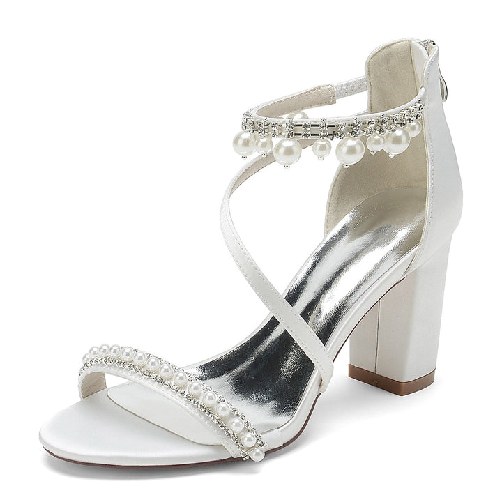 Women's Wedding Shoes Opened Toe Chunky Heel Rhinestone Pearl Buckle Bridal Shoes