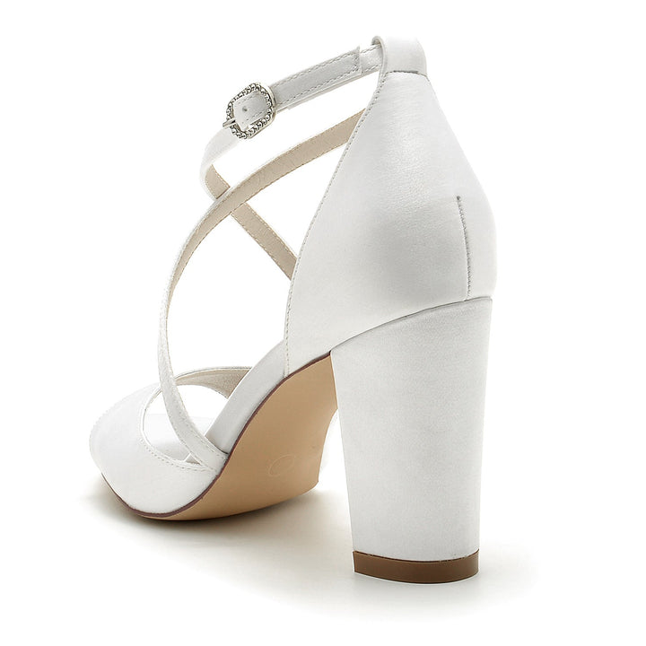 Women's Wedding Shoes Crossed Strappy Chunky Peep Toe Buckle Minimalist Bridal Shoes