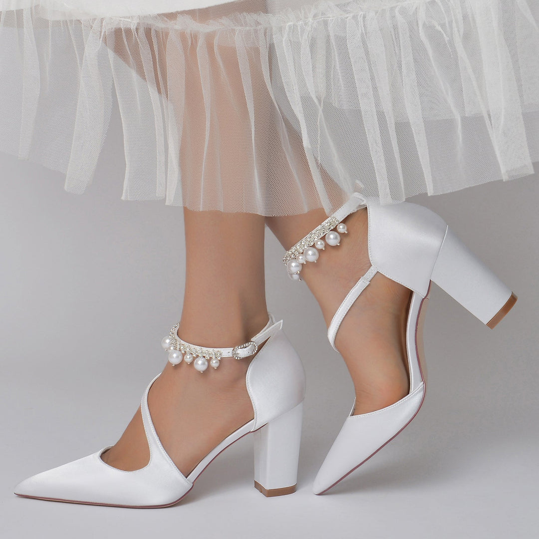 Women's Wedding Shoes White Pearl Block Pointed Toe Buckle Bridal Shoes