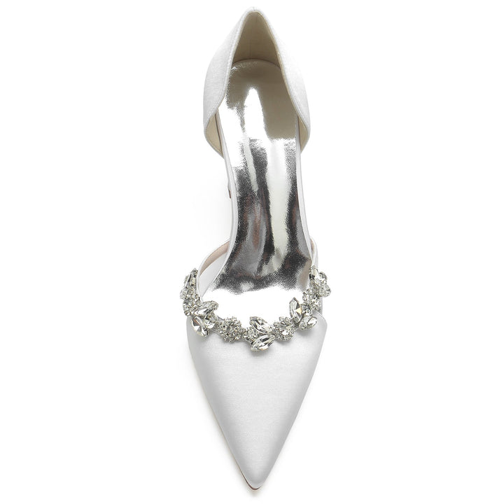 Women's Wedding Shoes Silk Satin Rhinestone Chunky Pointed Toe Bridal Shoes