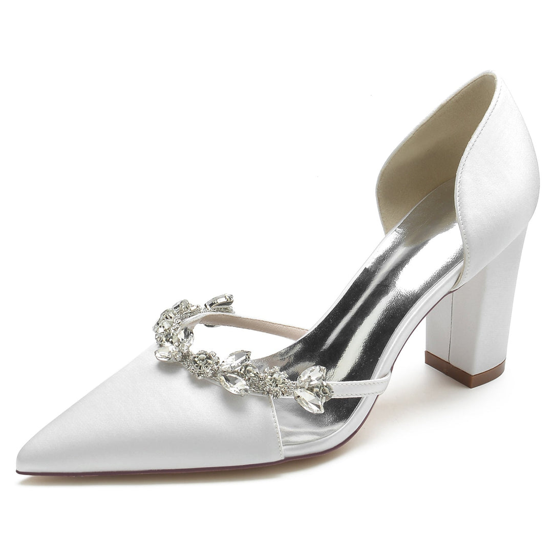 Women's Wedding Shoes Silk Satin Rhinestone Chunky Pointed Toe Bridal Shoes