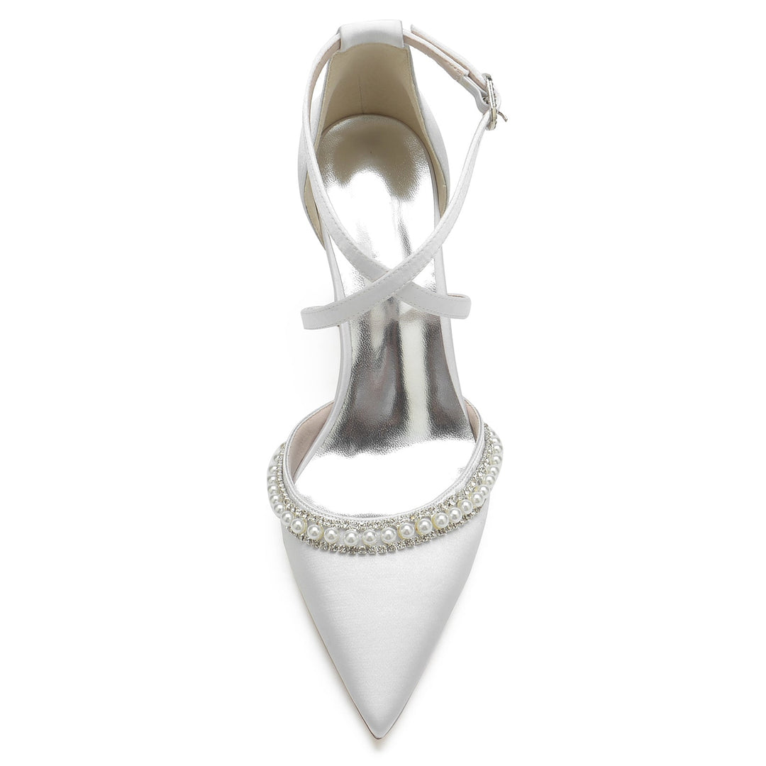 Women's Wedding Shoes Chunky Strappy Pearl Pointed Toe Bridal Shoes