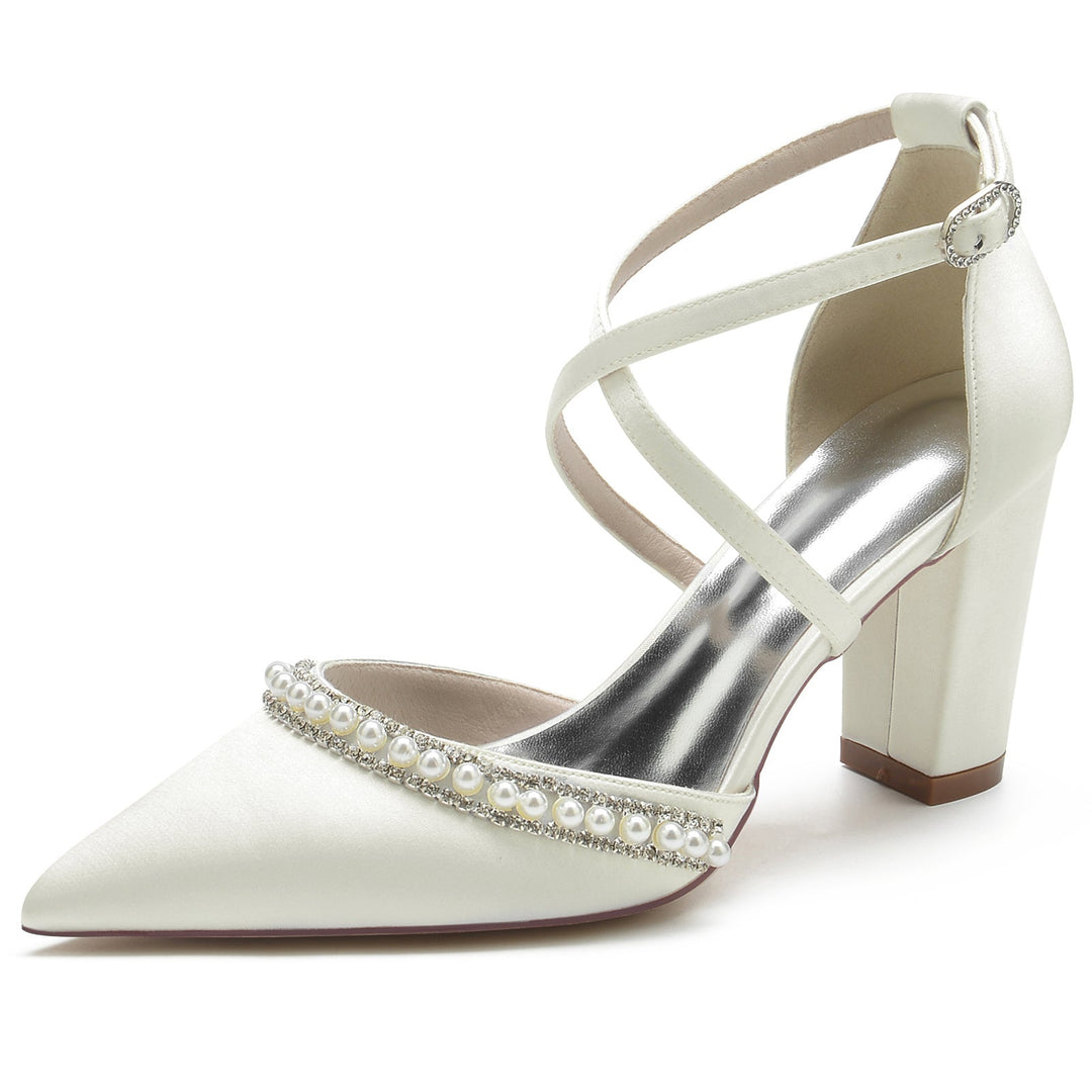 Women's Wedding Shoes Chunky Strappy Pearl Pointed Toe Bridal Shoes