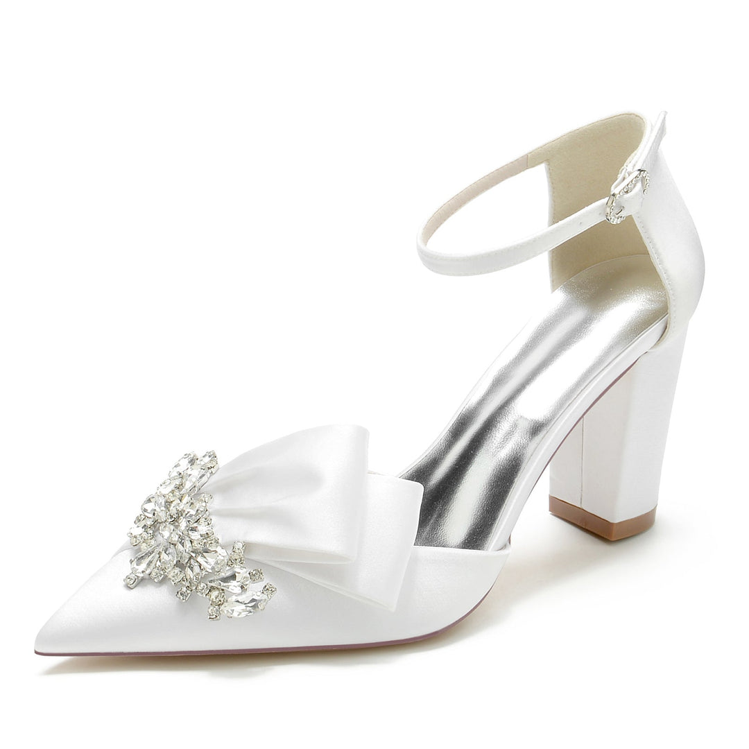 Women's Wedding Shoes Silk Satin Rhinestone Chunky Pointed Toe Buckle Bridal Shoes