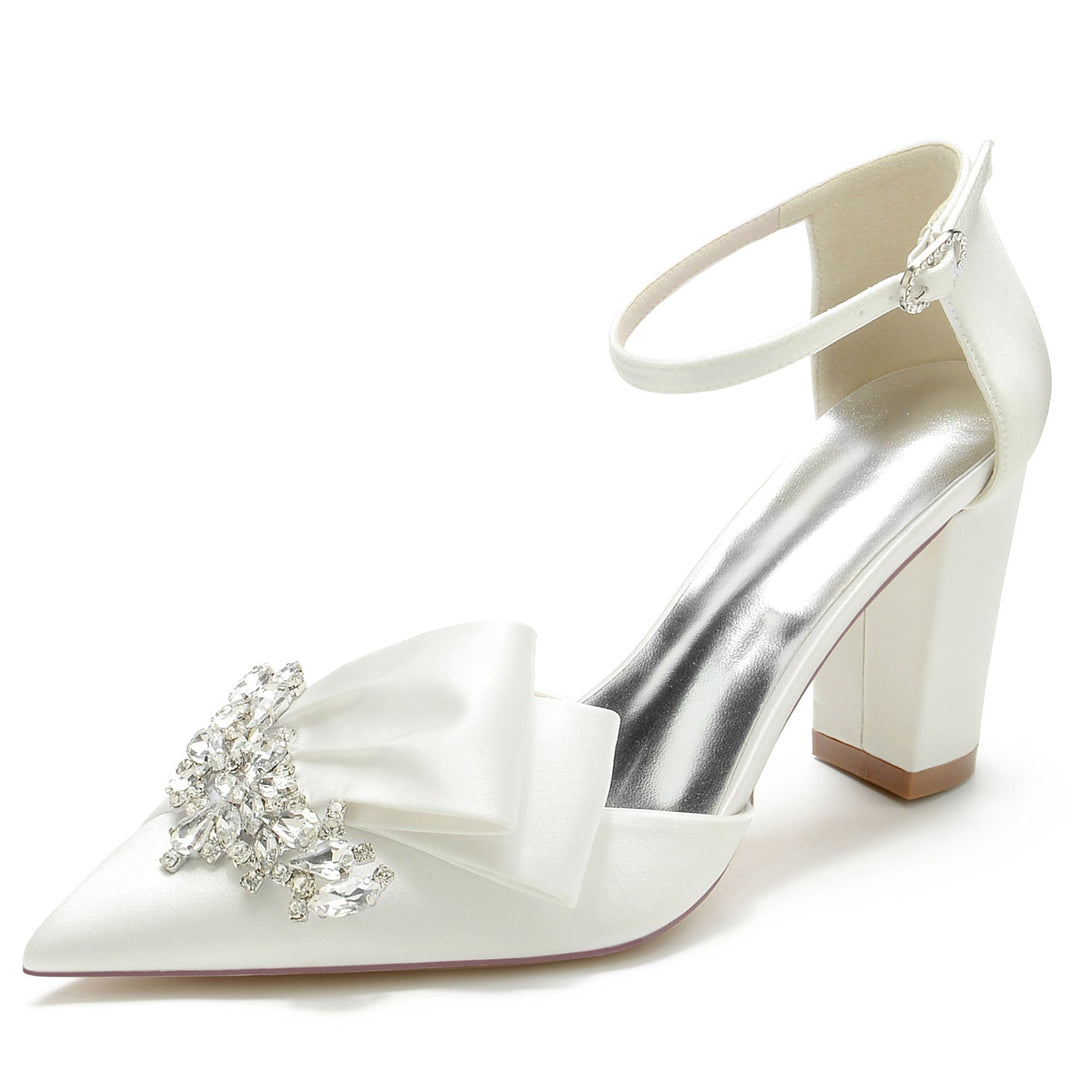 Women's Wedding Shoes Silk Satin Rhinestone Chunky Pointed Toe Buckle Bridal Shoes