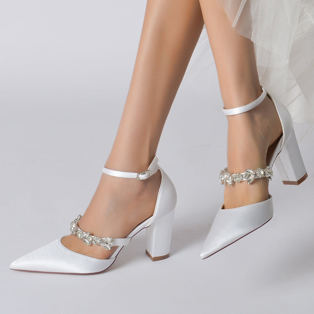 Women's Wedding Rhinestone Block Heel Pointed Toe Bridal Shoes