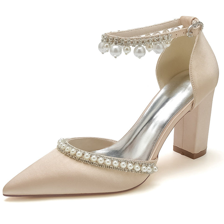 Women's Wedding Rhinestone Pearl Block Heel Pointed Toe Buckle Bridal Shoes