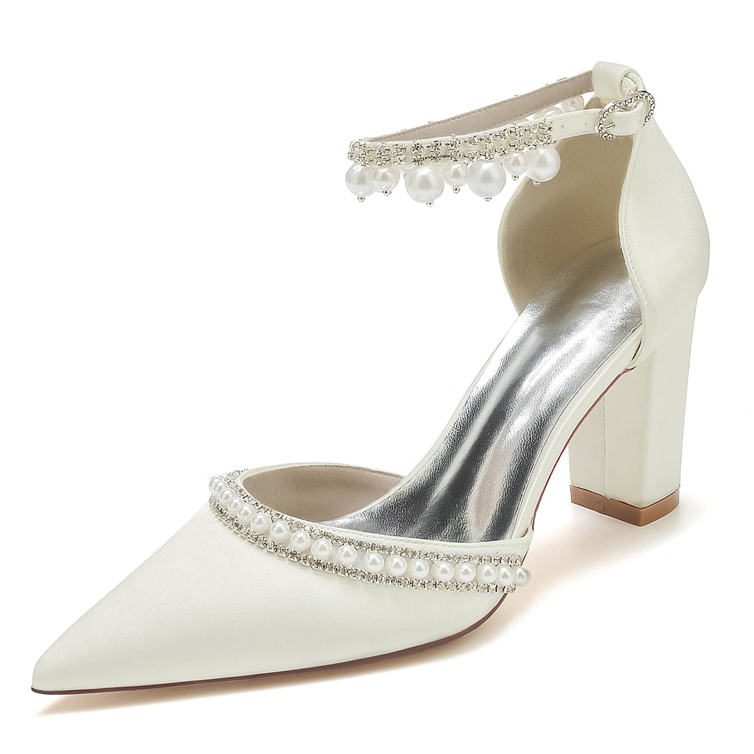 Women's Wedding Rhinestone Pearl Block Heel Pointed Toe Buckle Bridal Shoes