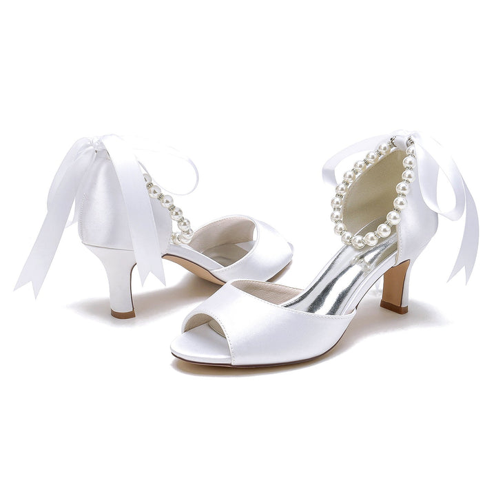 Women's Wedding Shoes Peep Toe Pearl Mid  Bow Heel Bridal Shoes