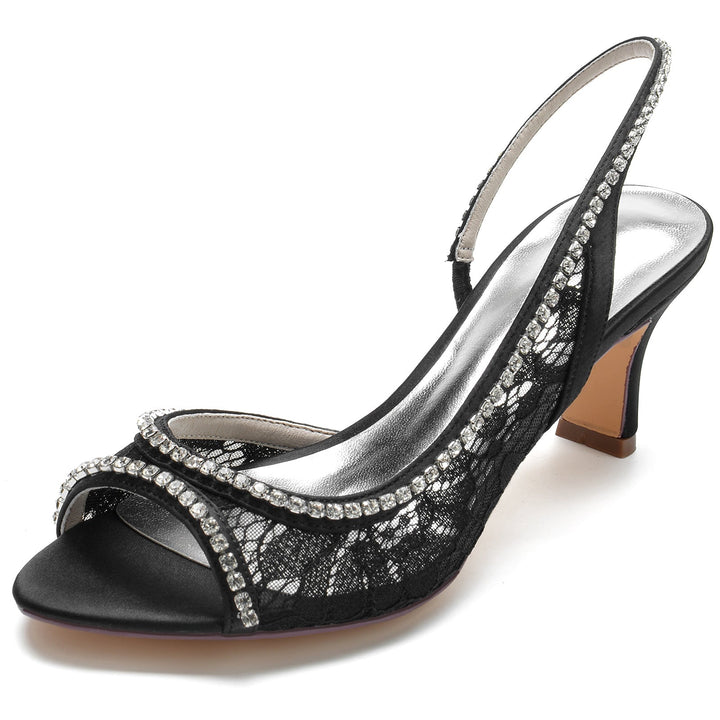 Women's Wedding Shoes Black Silk Satin Lacework Crystal Mid Peep Toe Bridal Shoes