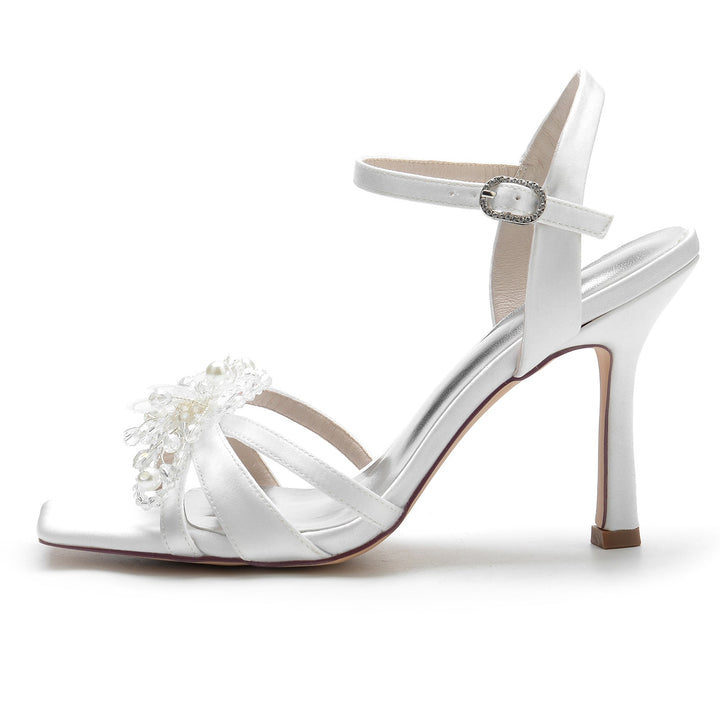 Women's Wedding Shoes Pearl Flower Square Opened Toe High Heel Buckle Bridal Shoes