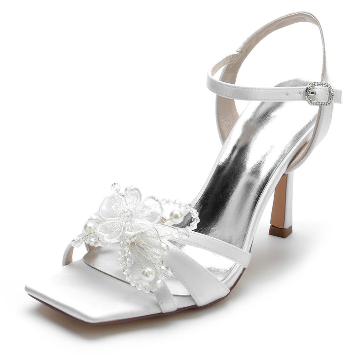 Women's Wedding Shoes Pearl Flower Square Opened Toe High Heel Buckle Bridal Shoes