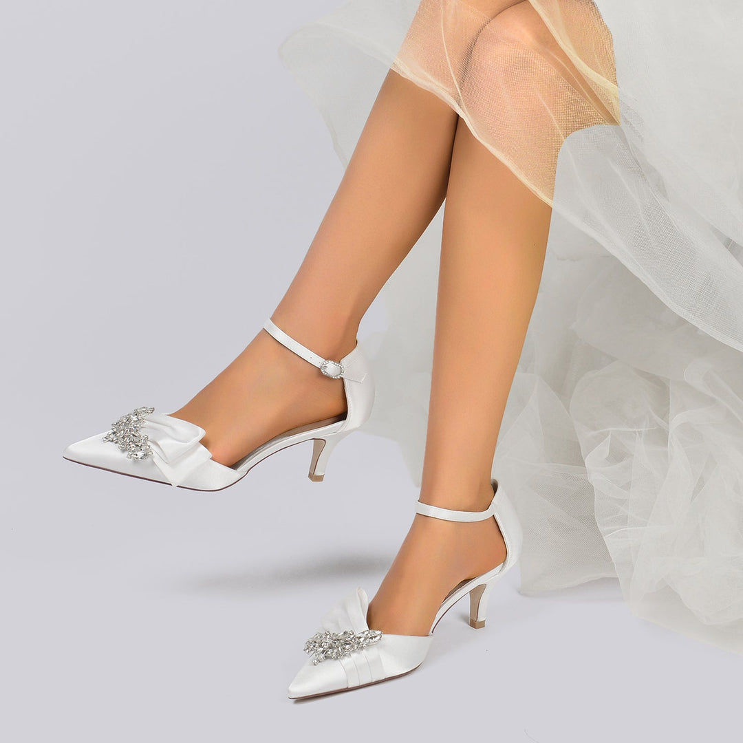 Women's Wedding Shoes Silk Satin Rhinestone Bow Mid Pointed Toe Buckle Bridal Shoes