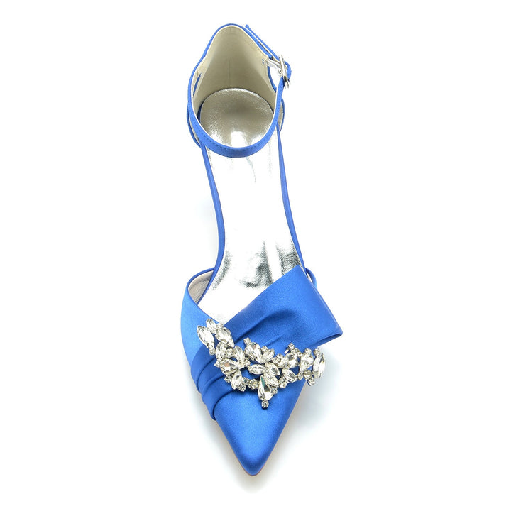 Women's Wedding Shoes Silk Satin Rhinestone Bow Mid Pointed Toe Buckle Bridal Shoes