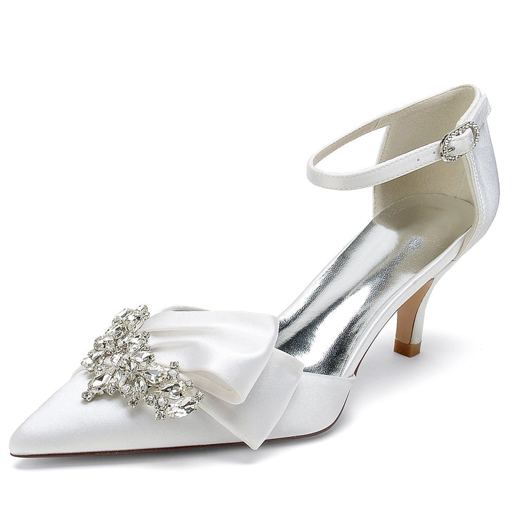 Women's Wedding Shoes Silk Satin Rhinestone Bow Mid Pointed Toe Buckle Bridal Shoes