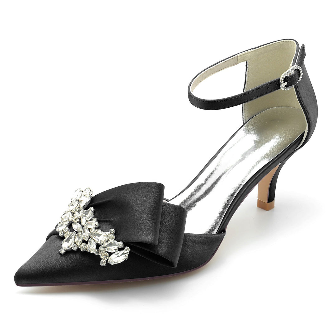 Women's Wedding Shoes Silk Satin Rhinestone Bow Mid Pointed Toe Buckle Bridal Shoes