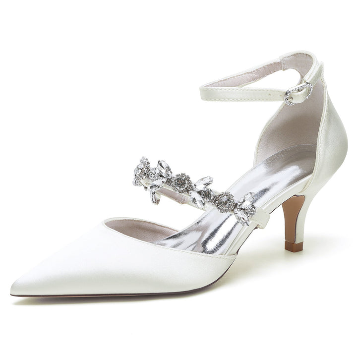 Women's Wedding Rhinestone Mid Heel Pointed Toe Buckle Bridal Shoes