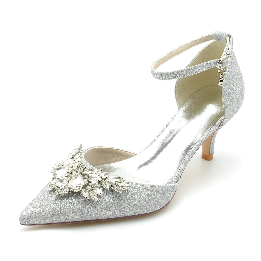 Women's Wedding Shoes Glitter Rhinestone Mid Heel Pointed Toe Buckle Bridal Shoes