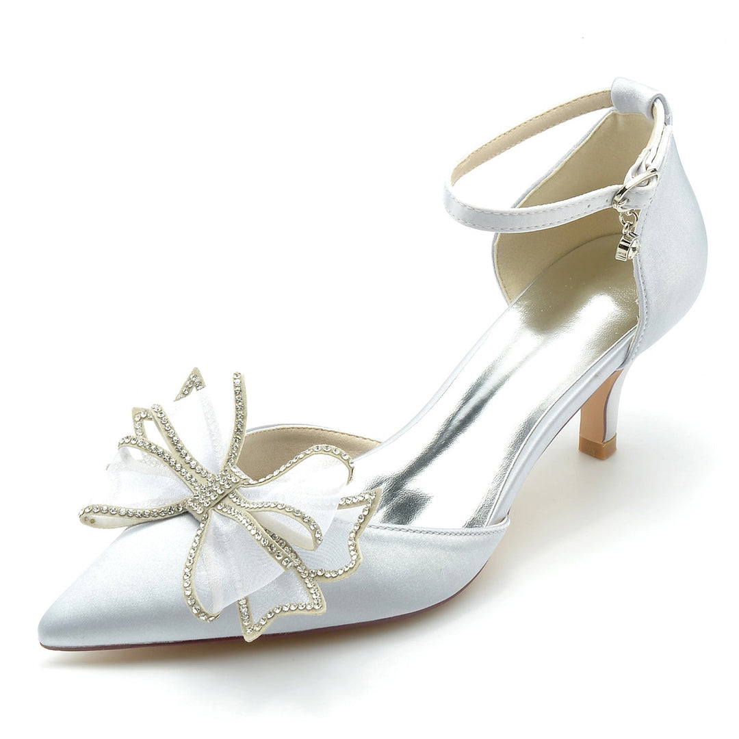 Women's Wedding Shoes Silk Satin Bow Mid Closed Toe Buckle Bridal Shoes