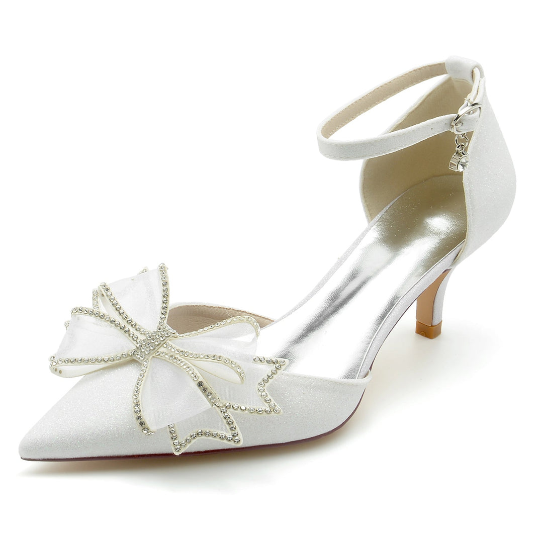 Women's Wedding Shoes Glitter Bow Mid Closed Toe Buckle Bridal Shoes