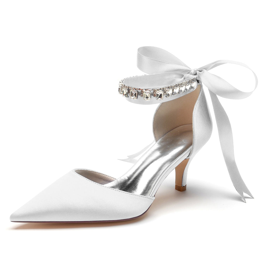 Women's Wedding Shoes Pointed Toe Mid Heel Rhinestone Bow Buckle Bridal Shoes