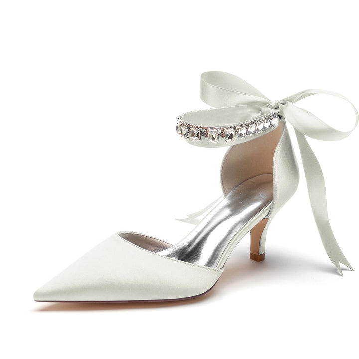 Women's Wedding Shoes Pointed Toe Mid Heel Rhinestone Bow Buckle Bridal Shoes