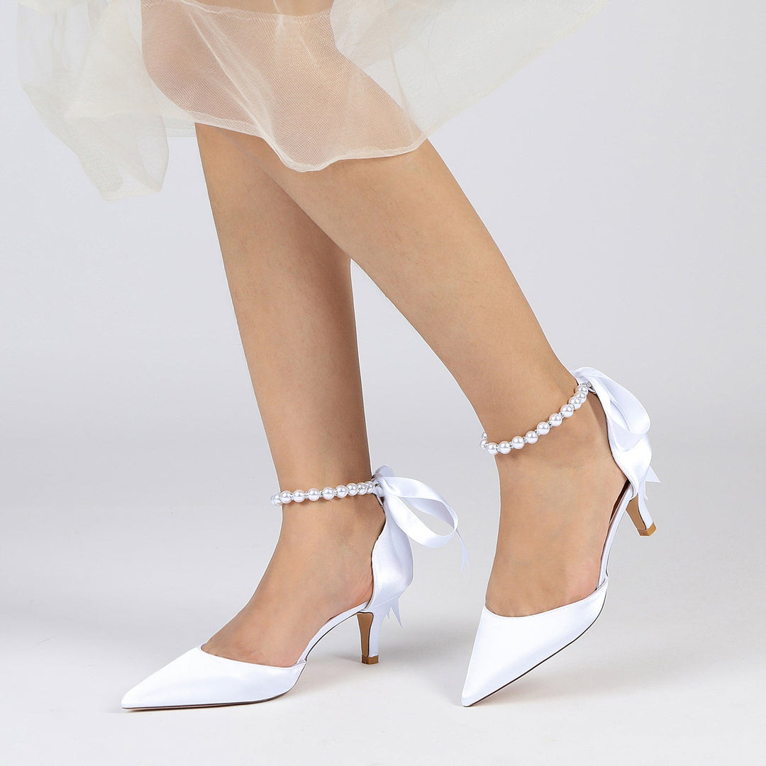 Women's Wedding Shoes Pointed Toe Silk Satin Pearl Mid Heel Bow Bridal Shoes