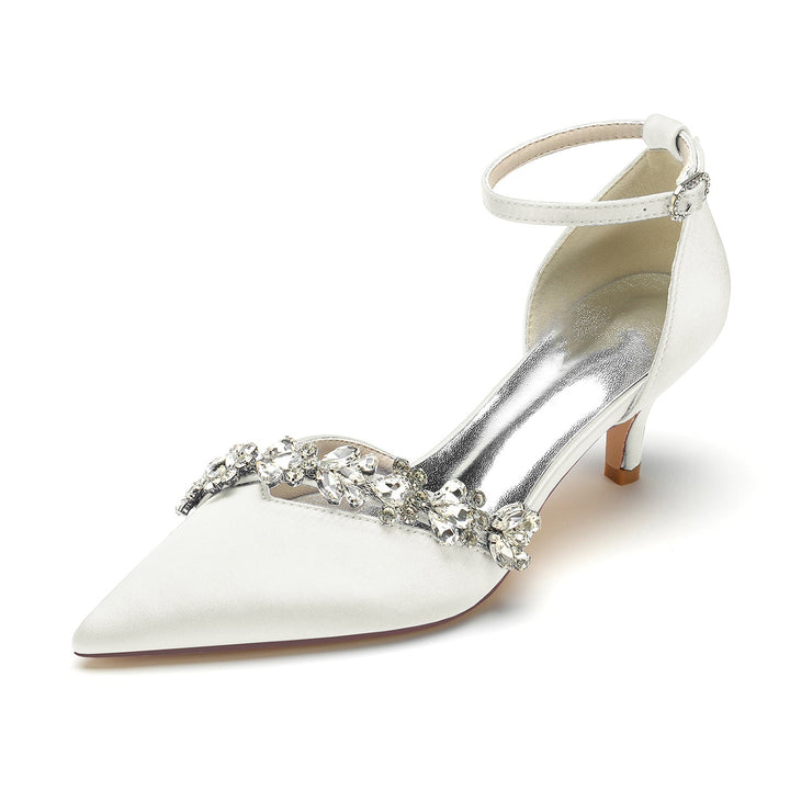 Women's Wedding Shoes Rhinestone Pointed Toe Mid Heel Buckle Bridal Shoes