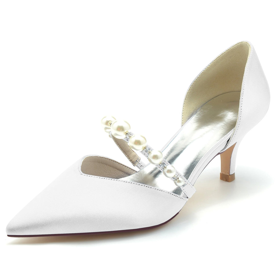 Women's Wedding Shoes Silk Satin Pearl Mid Heel Closed Toe Bridal Shoes