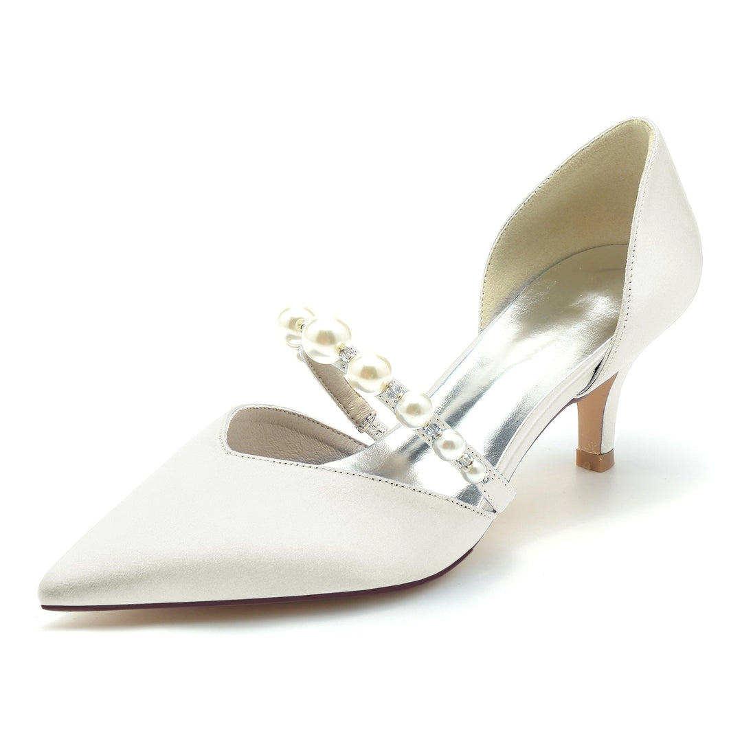 Women's Wedding Shoes Silk Satin Pearl Mid Heel Closed Toe Bridal Shoes