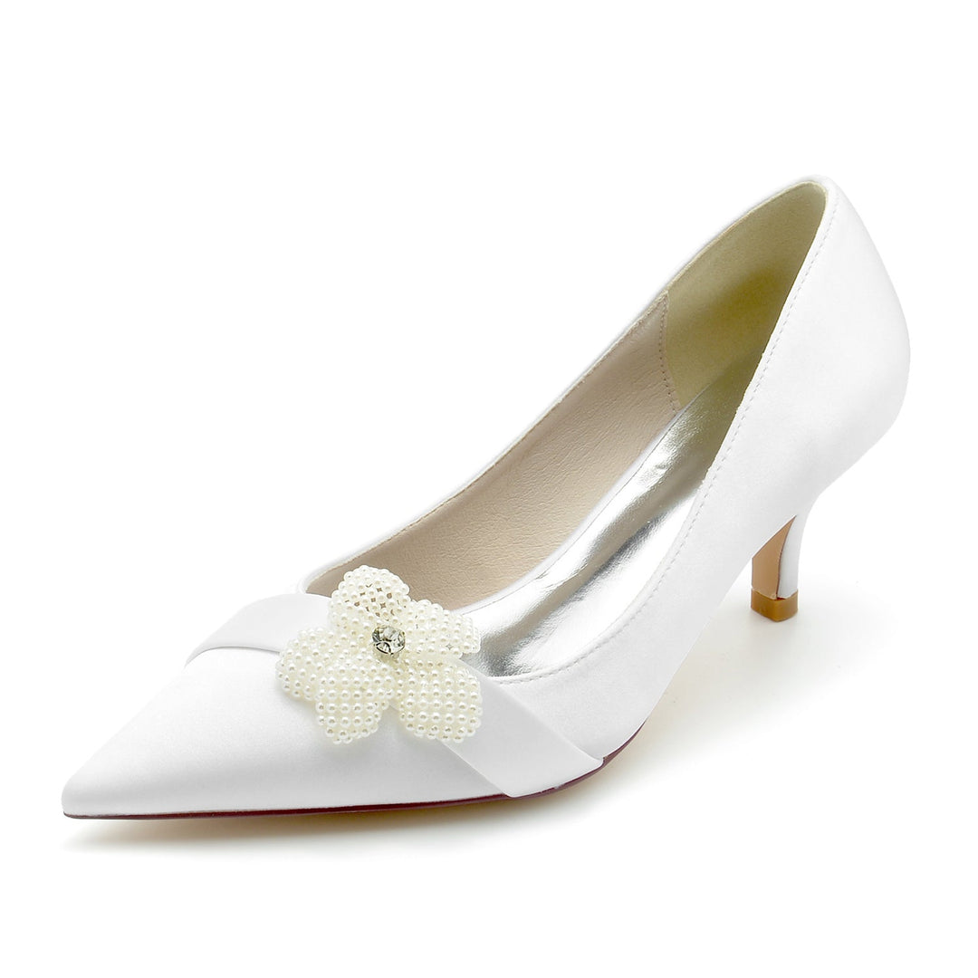 Women's Wedding Shoes White Pearl Flower Pointed Toe Mid Heel Bridal Shoes