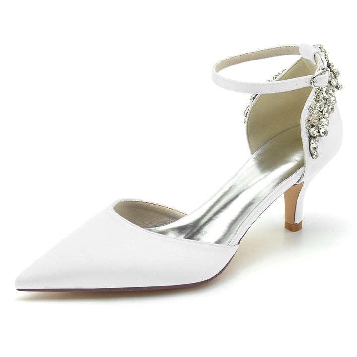 Women's Wedding Shoes Mid Pointed Toe Rhinestone Buckle Bridal Shoes