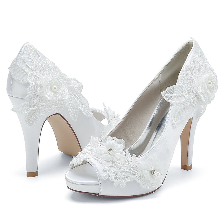 Women's Wedding Shoes Silk Satin Applique Flower High Heel Peep Toe Bridal Shoes