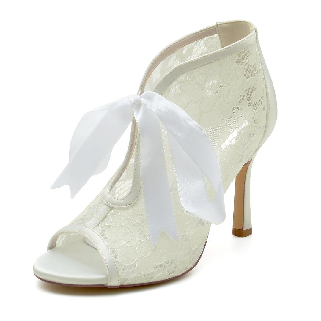 Women's Wedding Shoes Lace High Heel Peep Toe Bow Bridal Shoes