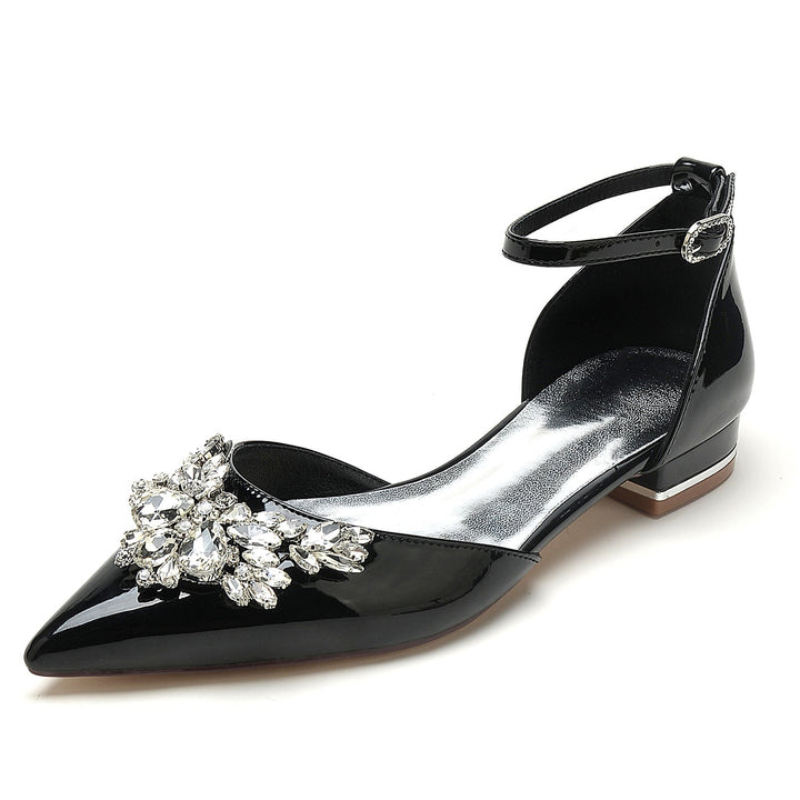 Women's Wedding Shoes Rhinestone Patent Leather Low Pointed Toe Buckle Bridal Shoes