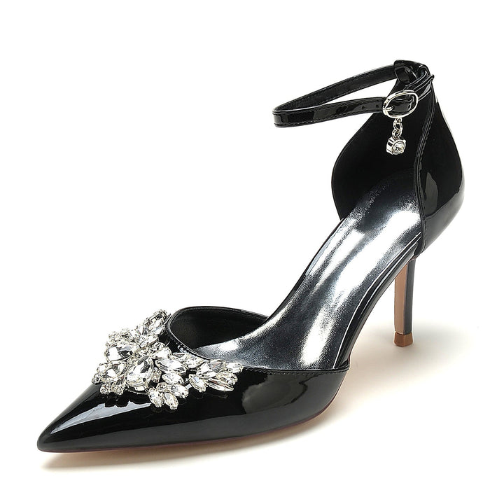 Women's Wedding Shoes Patent Leather Crystal Stiletto Pointed Toe Buckle Bridal Shoes