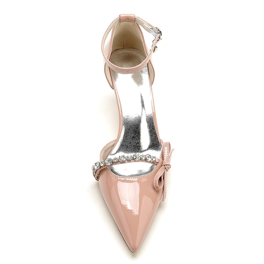 Women's Wedding Shoes Patent Leather Rhinestone Bow Mid Pointed Toe Bridal Shoes